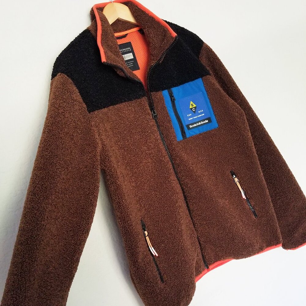 Scotch & Soda Zip-Up Color Block Teddy Fleece Jacket Brown Black Men's M $195 - Picture 15 of 16